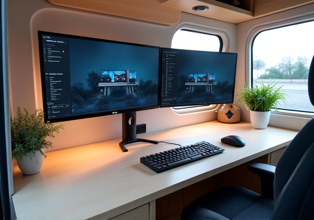 Poste de travail avec double écran dans le van 'L'Atelier du Freelance'