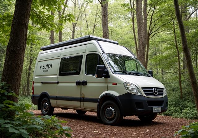 Vue extérieure du van 'Le Studio Nomade' garé en forêt