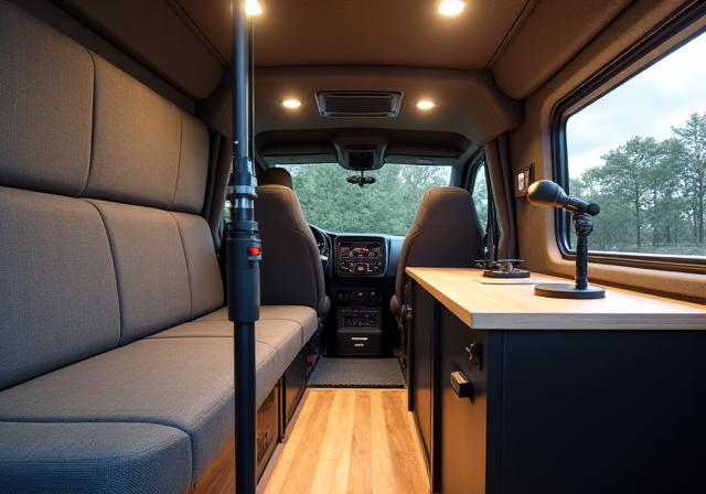 Intérieur du van avec microphone professionnel et table de mixage