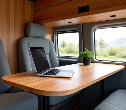 Intérieur d'un van aménagé en bureau avec un bureau en bois