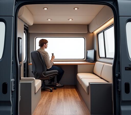 Intérieur d'un van configuré en petite salle de réunion