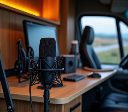 Équipement de podcasting installé dans un van aménagé